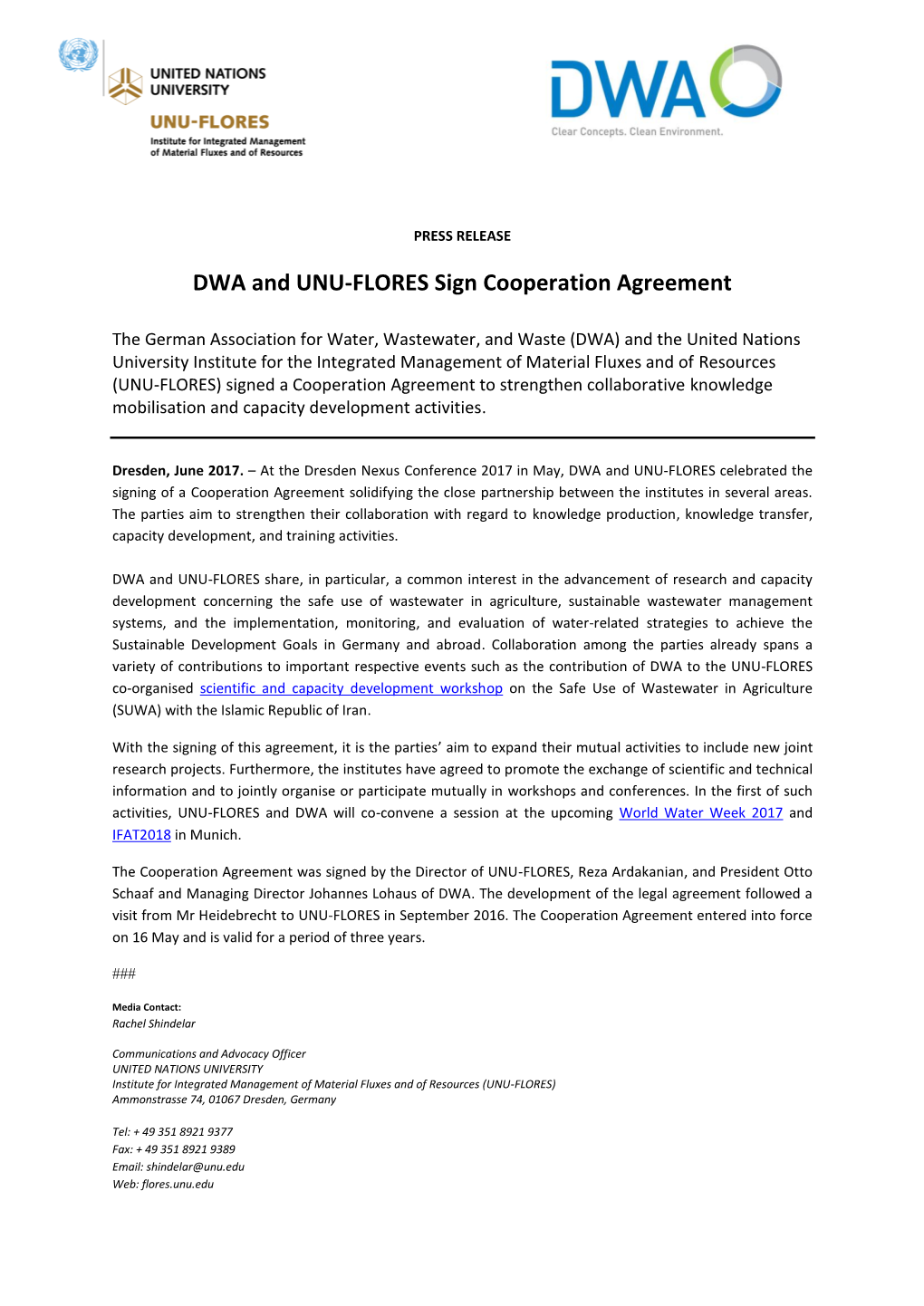 DWA and UNU-FLORES Sign Cooperation Agreement