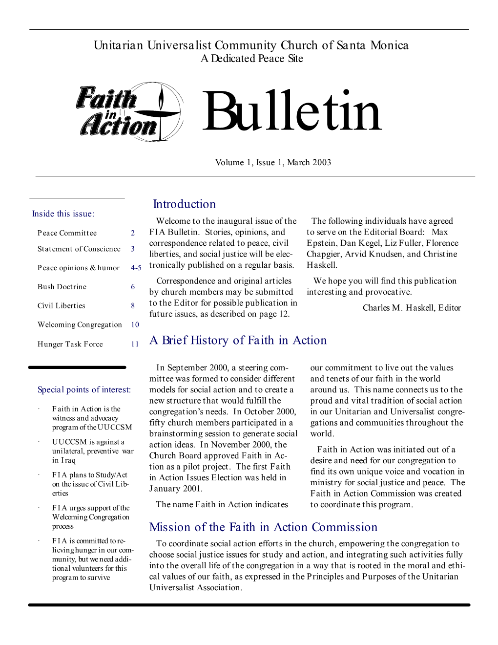 Unitarian Universalist Community Church of Santa Monica a Dedicated Peace Site Bulletin