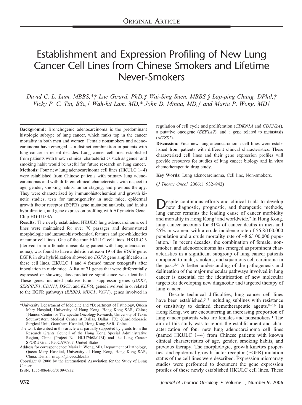 Establishment and Expression Profiling of New Lung Cancer Cell Lines from Chinese Smokers and Lifetime Never-Smokers