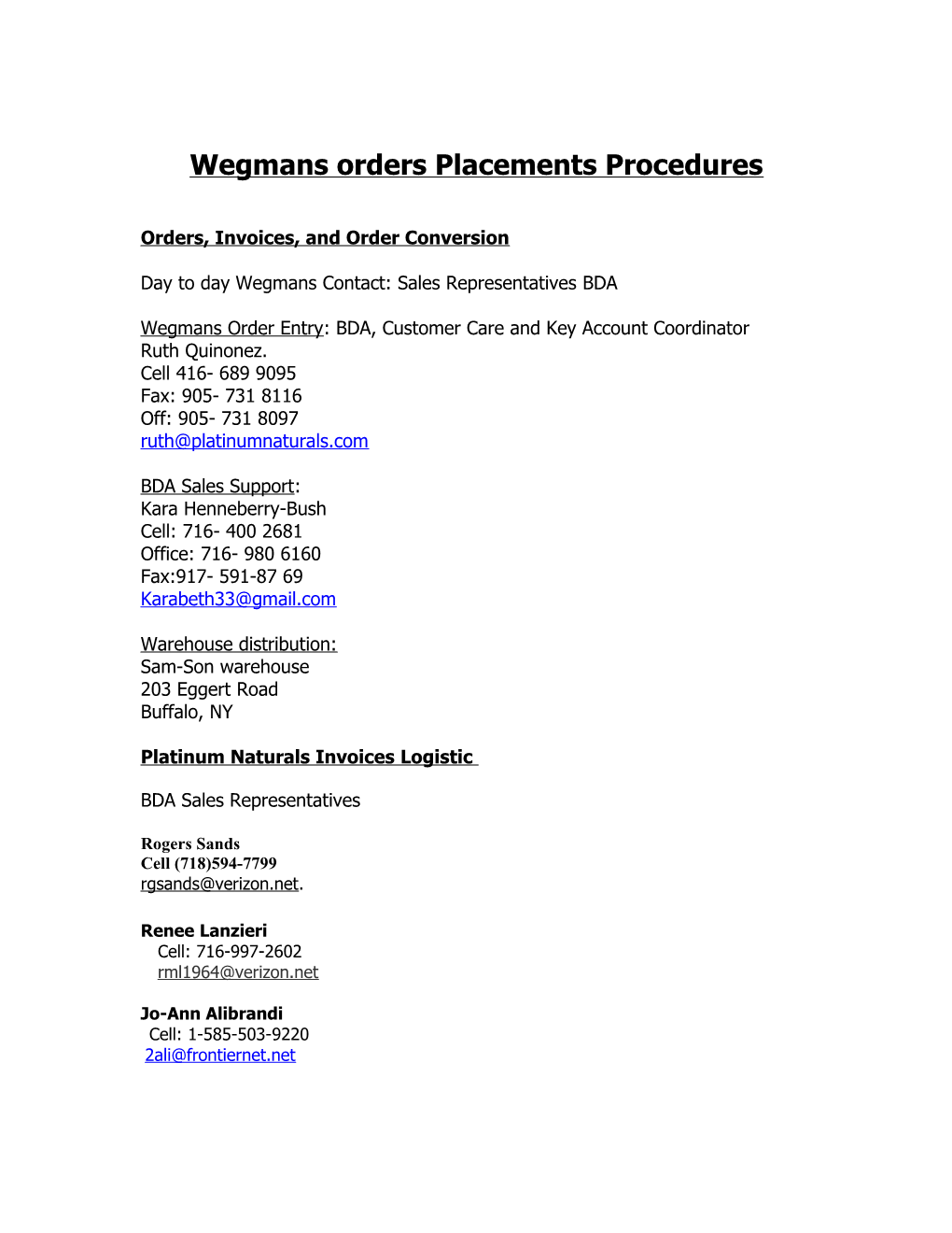 Wegmans Orders Placements Procedures