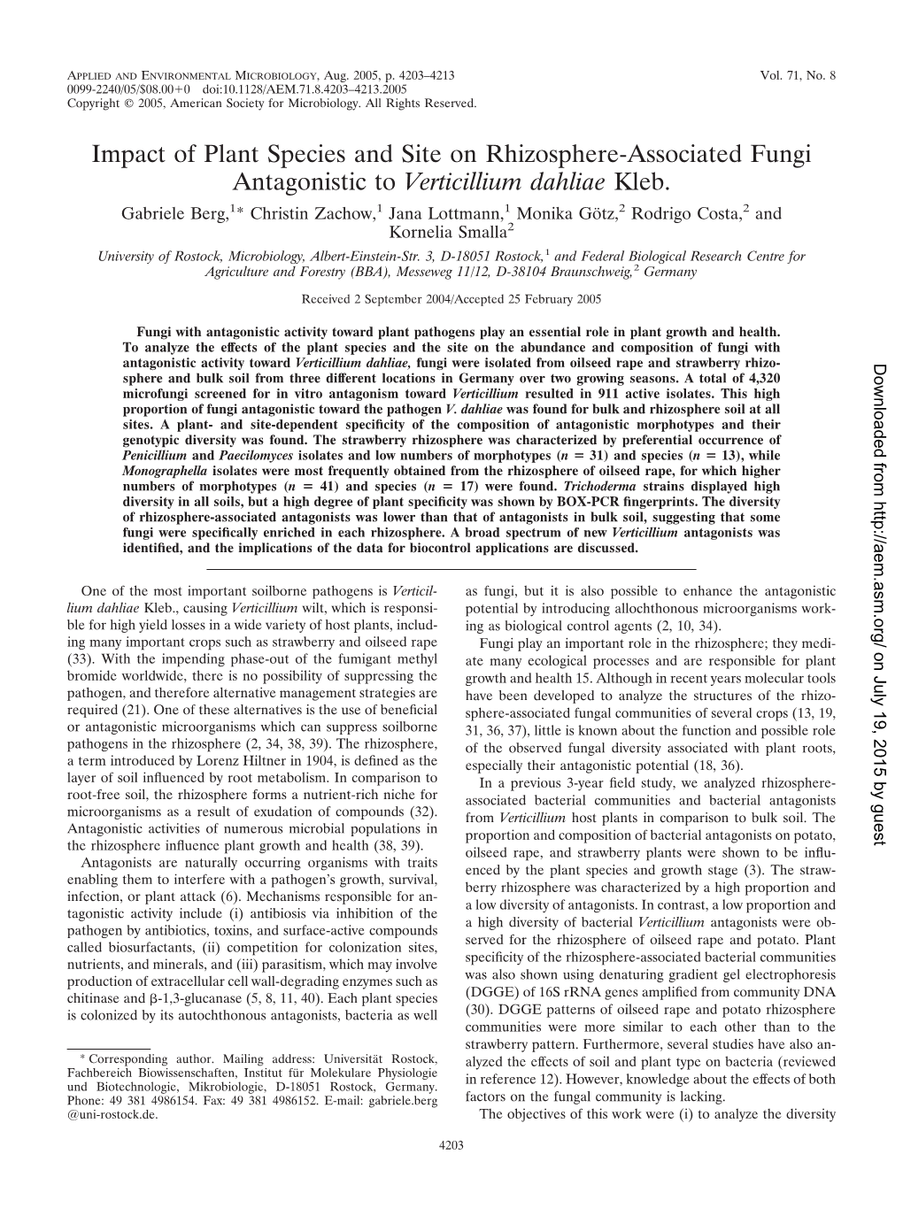 Impact of Plant Species and Site on Rhizosphere-Associated Fungi Antagonistic to Verticillium Dahliae Kleb