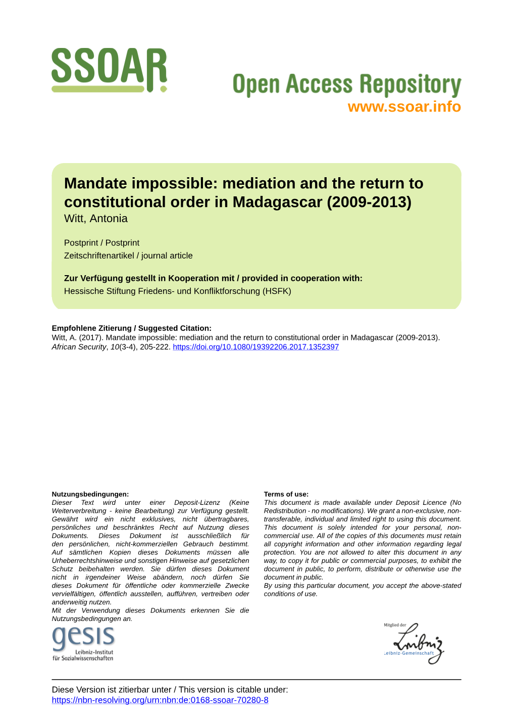 Mediation and the Return to Constitutional Order in Madagascar (2009-2013) Witt, Antonia