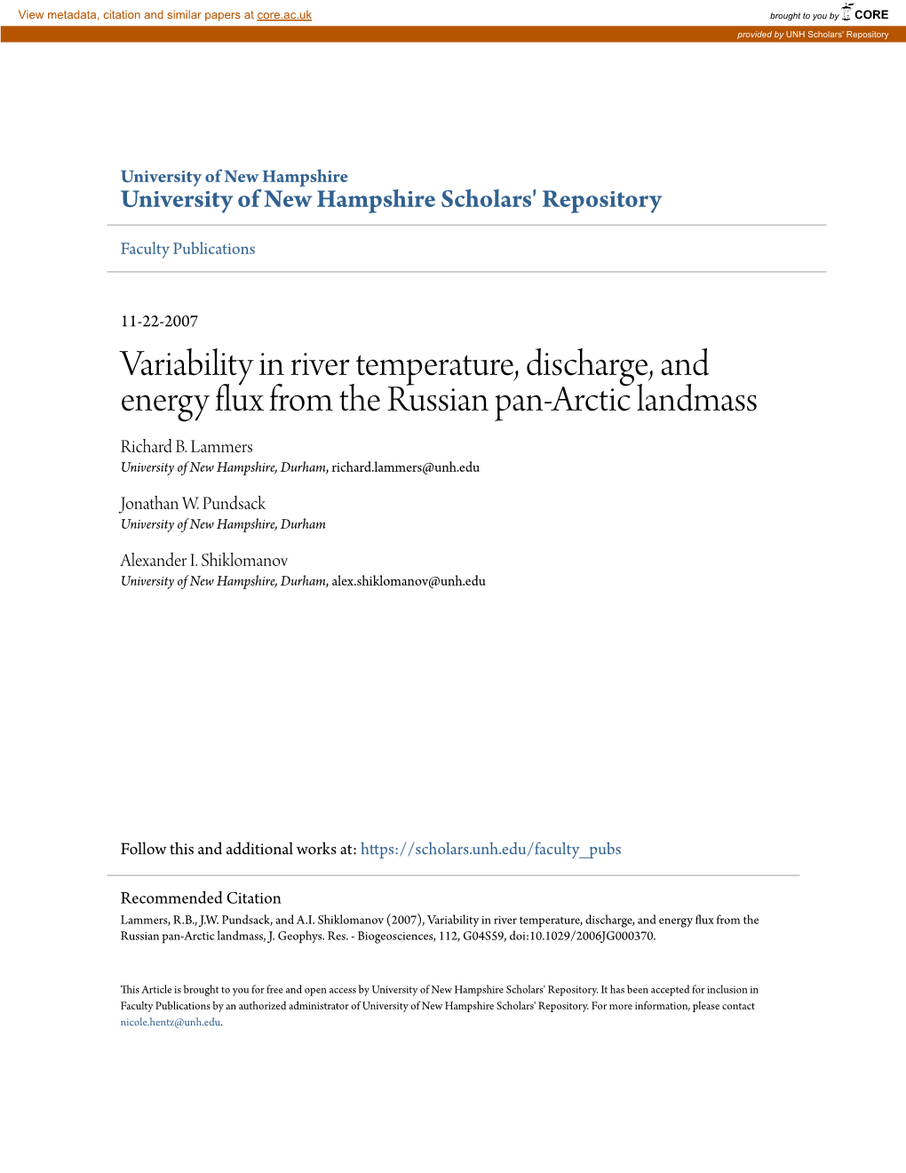 Variability in River Temperature, Discharge, and Energy Flux from the Russian Pan‐Arctic Landmass Richard B