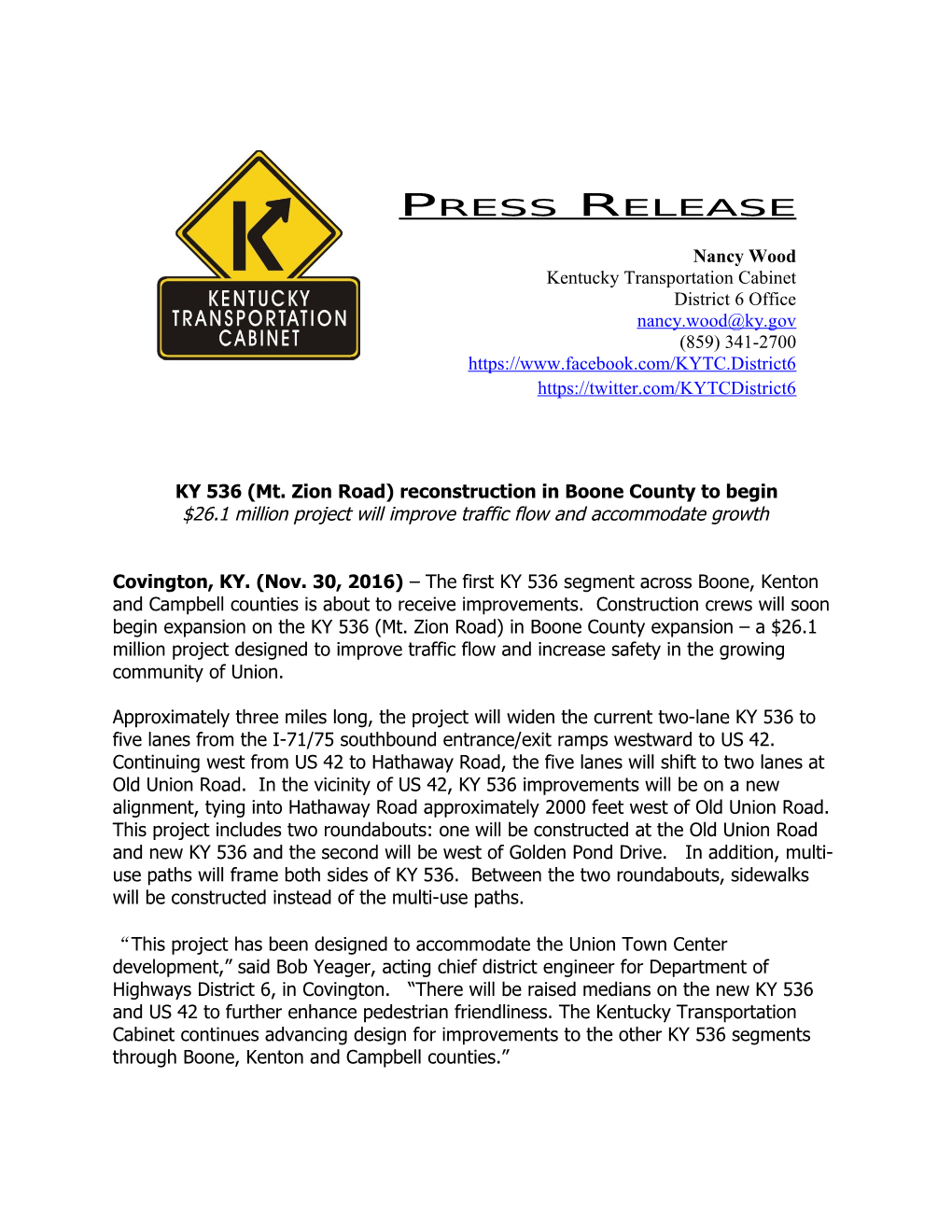 KY 536 (Mt. Zion Road) Reconstruction in Boone County to Begin