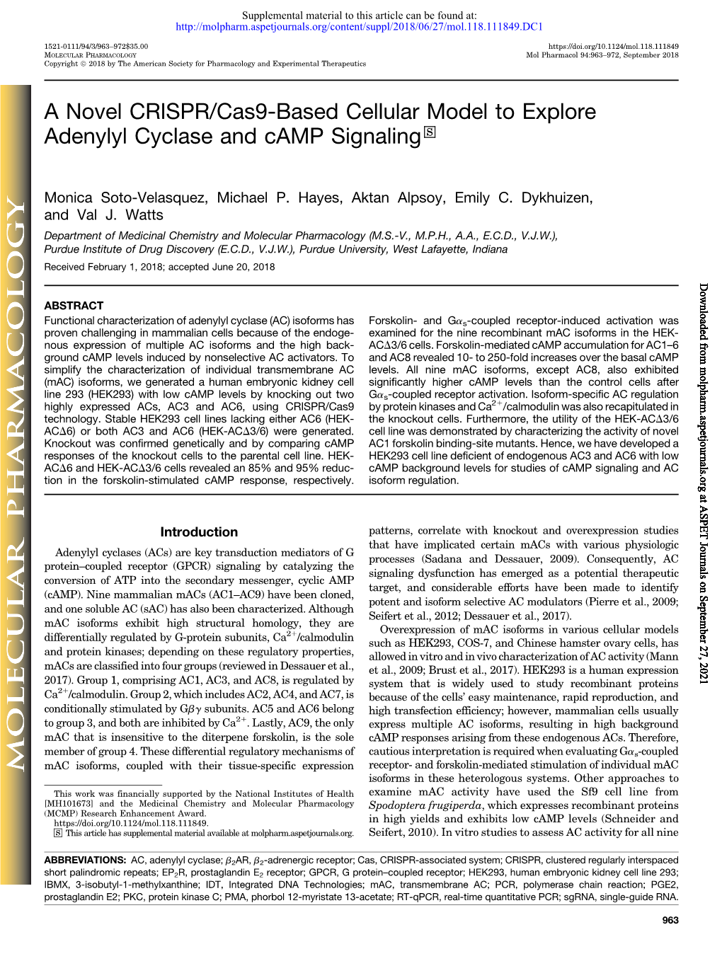 A Novel CRISPR/Cas9-Based Cellular Model to Explore Adenylyl Cyclase and Camp Signaling S