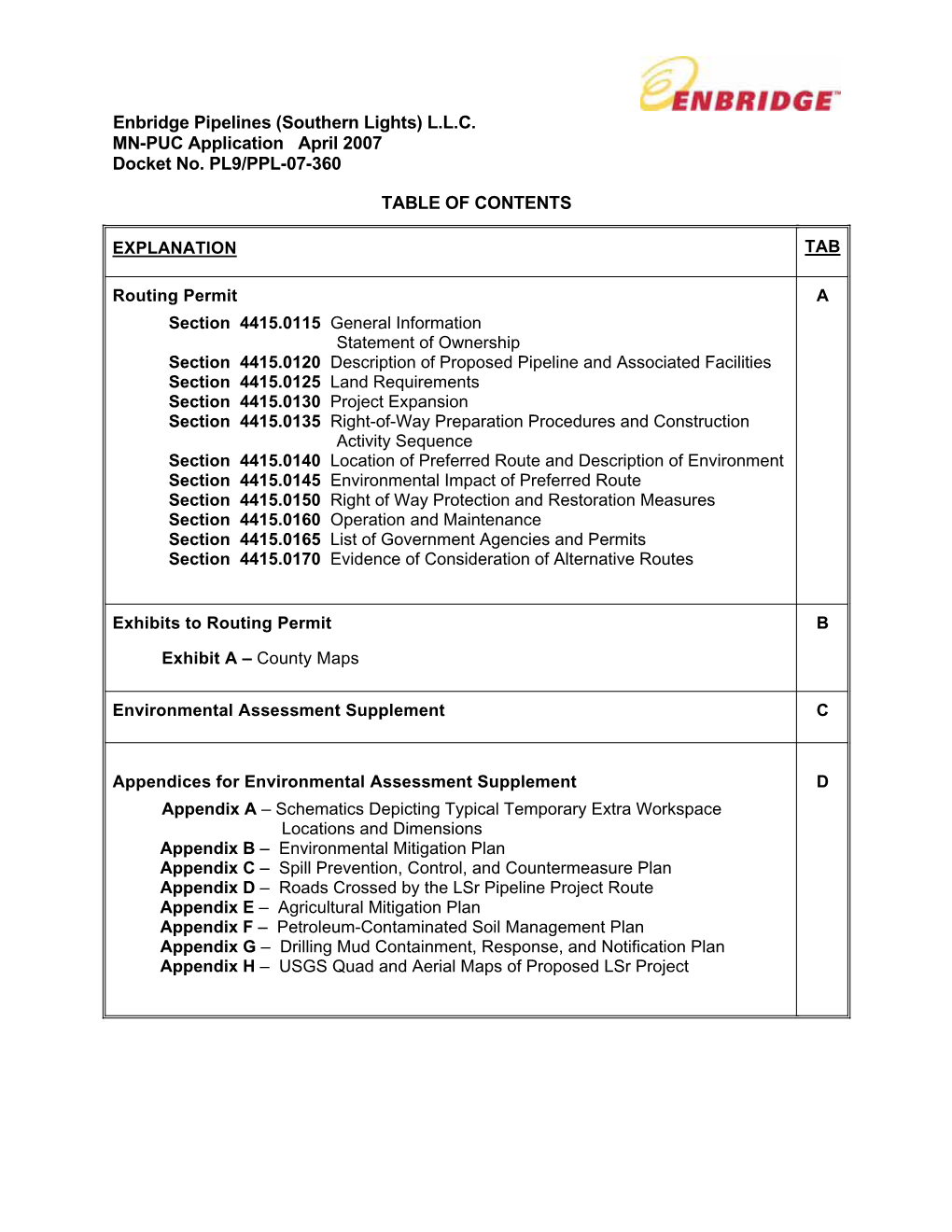 Enbridge Pipelines (Southern Lights) L.L.C. MN-PUC Application April 2007 Docket No