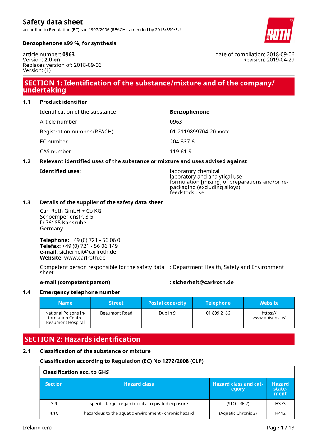 Safety Data Sheet: Benzophenone