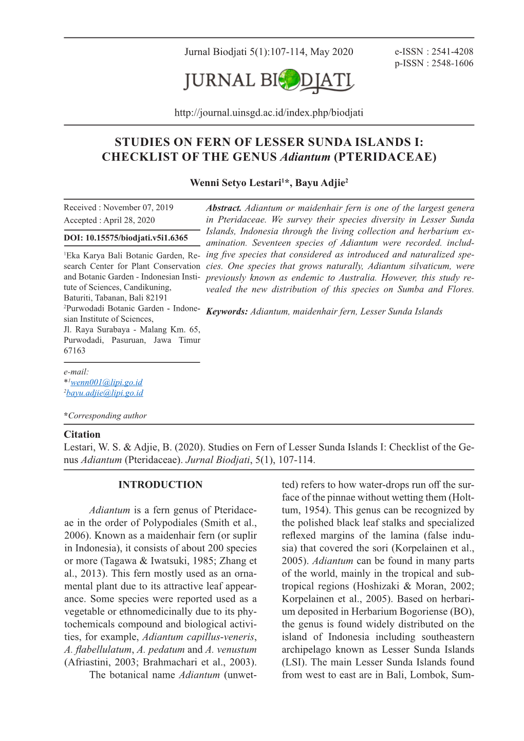 STUDIES on FERN of LESSER SUNDA ISLANDS I: CHECKLIST of the GENUS Adiantum (PTERIDACEAE)