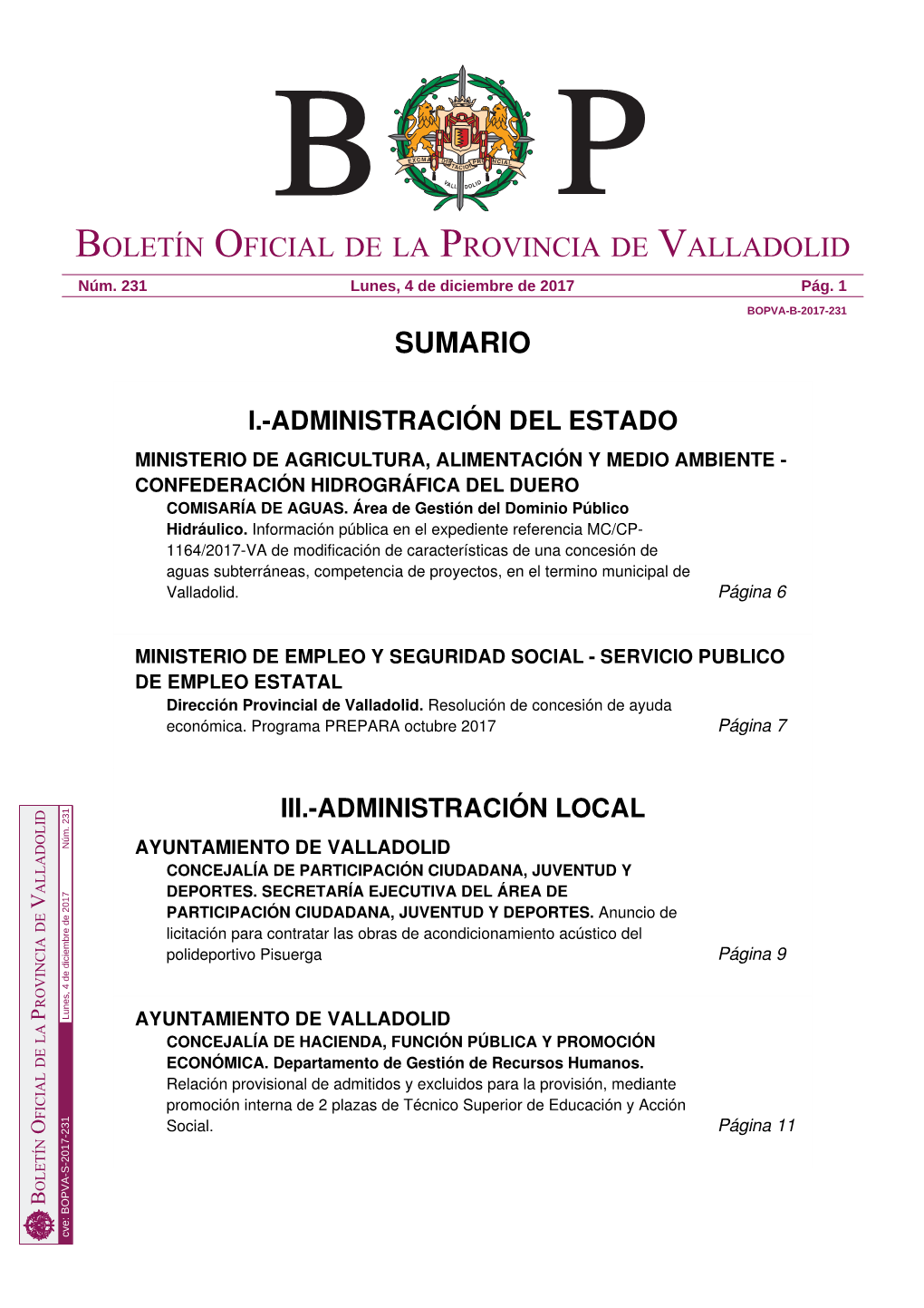 Sumario Boletín Oficial De La Provincia De Valladolid