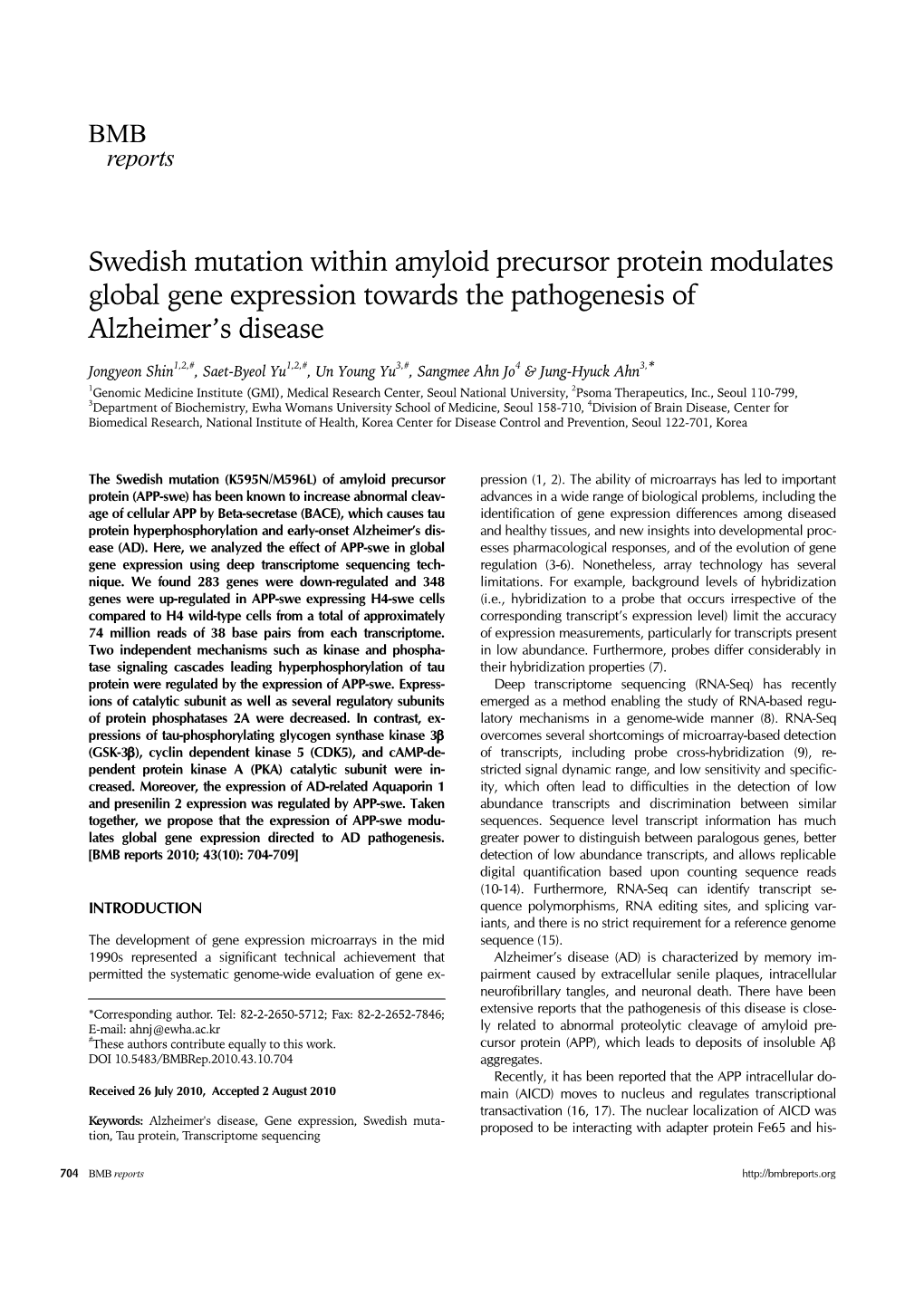 Swedish Mutation Within Amyloid Precursor Protein Modulates Global Gene Expression Towards the Pathogenesis of Alzheimer’S Disease