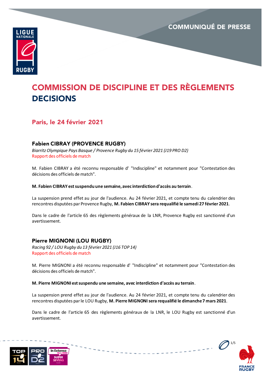 Commission De Discipline Et Des Règlements Decisions