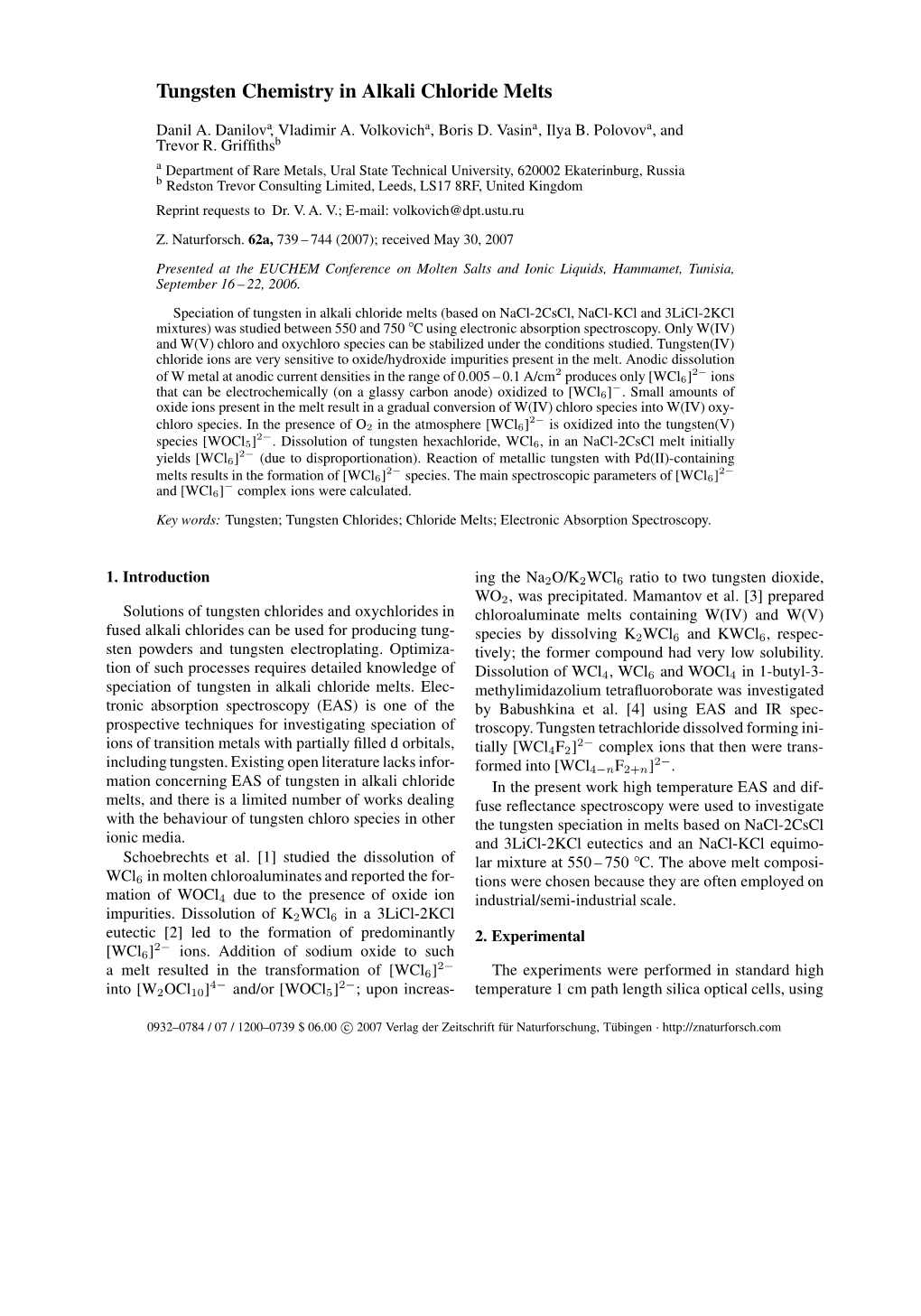 Tungsten Chemistry in Alkali Chloride Melts