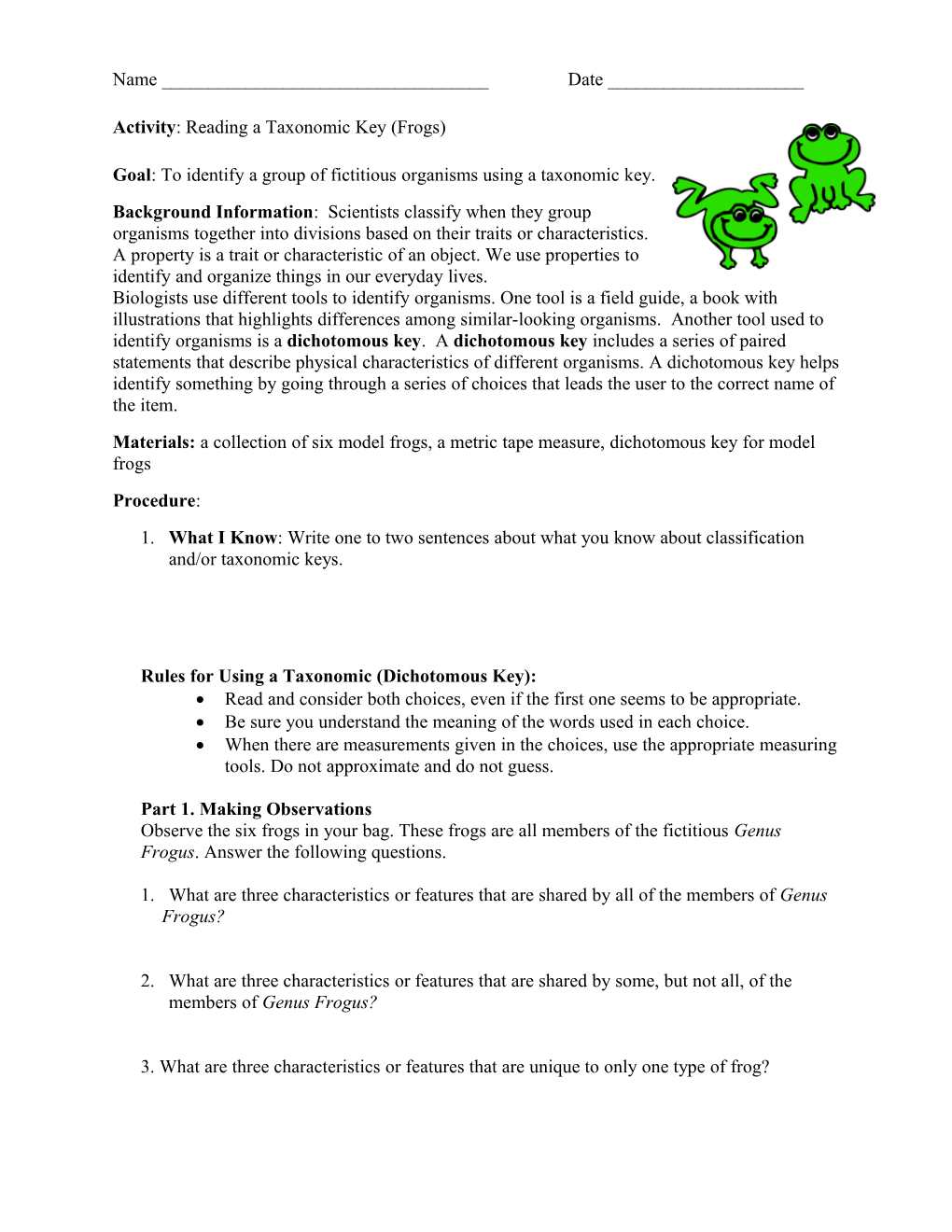 Activity: Reading a Taxonomic Key (Frogs)