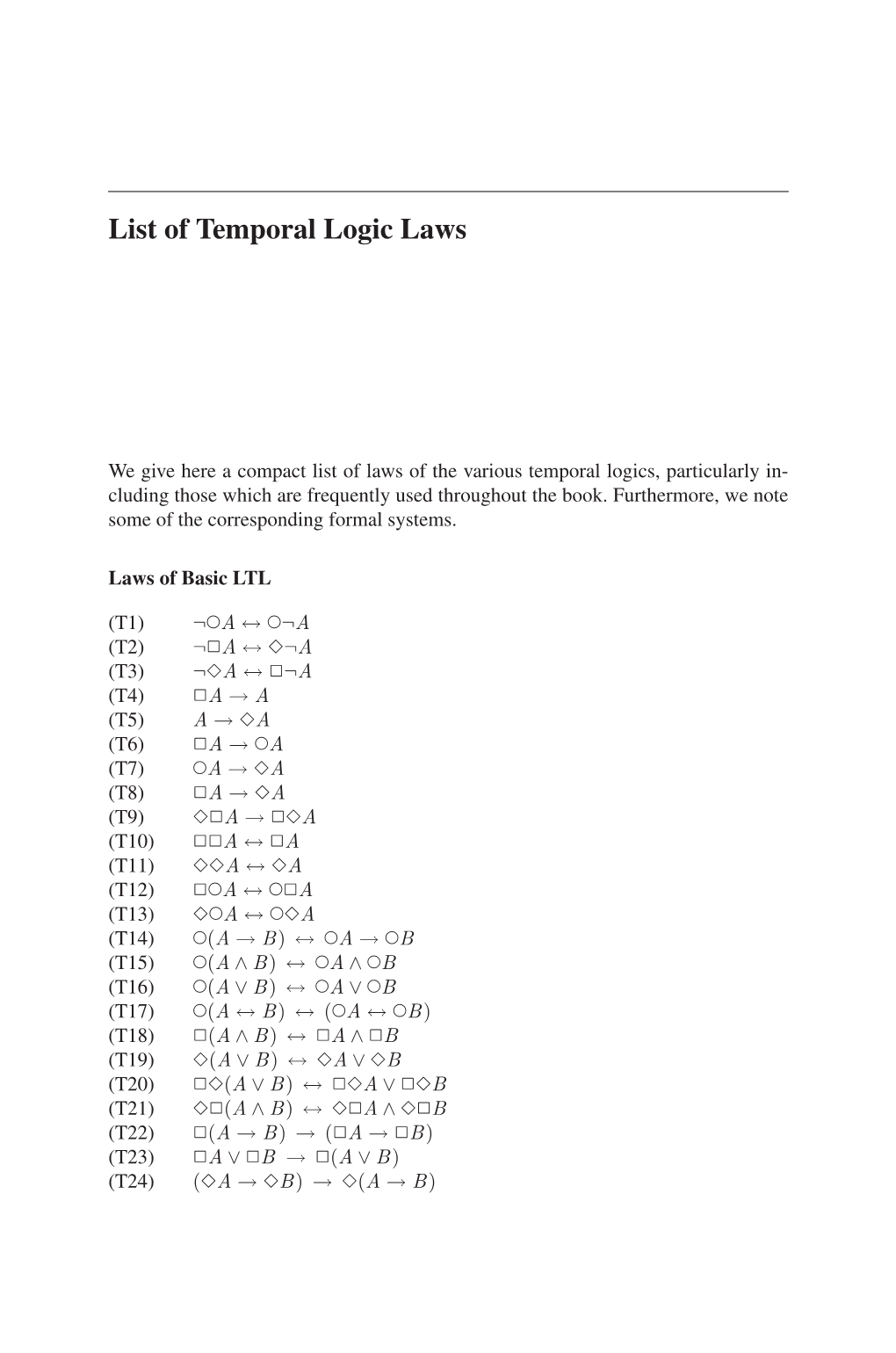 List of Temporal Logic Laws