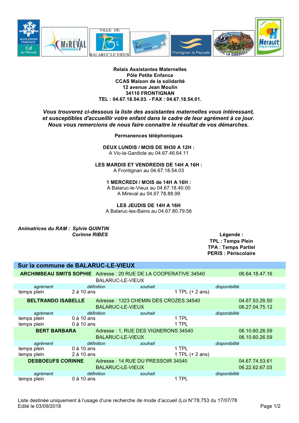 Liste Assistantes Maternelles De Balaruc Le Vieux Septembre 2018