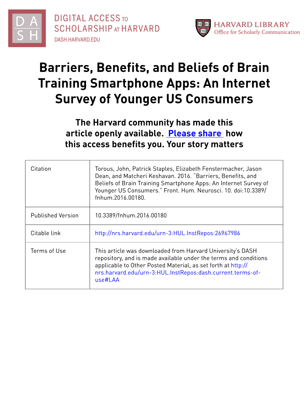 Barriers, Benefits, and Beliefs of Brain Training Smartphone Apps: an Internet Survey of Younger US Consumers