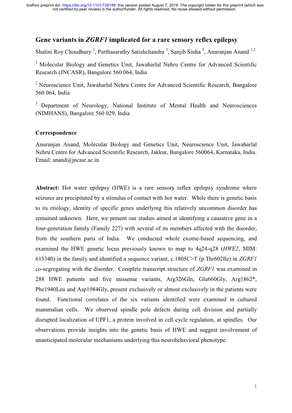 Gene Variants in ZGRF1 Implicated for a Rare Sensory Reflex Epilepsy Shalini Roy Choudhury 1, Parthasarathy Satishchandra 3, Sanjib Sinha 3, Anuranjan Anand 1,2