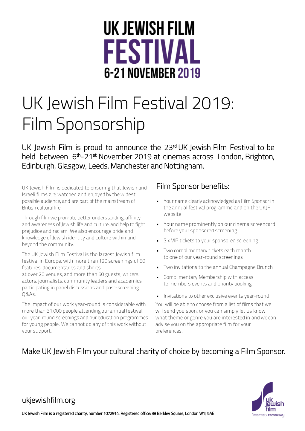 UK Jewish Film Festival 2019: Film Sponsorship