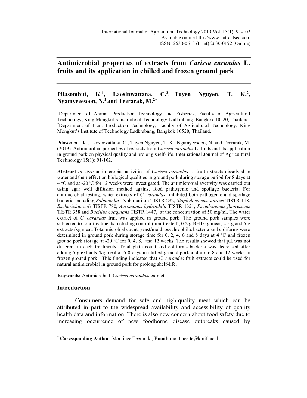 Antimicrobial Properties of Extracts from Carissa Carandas L. Fruits and Its Application in Chilled and Frozen Ground Pork