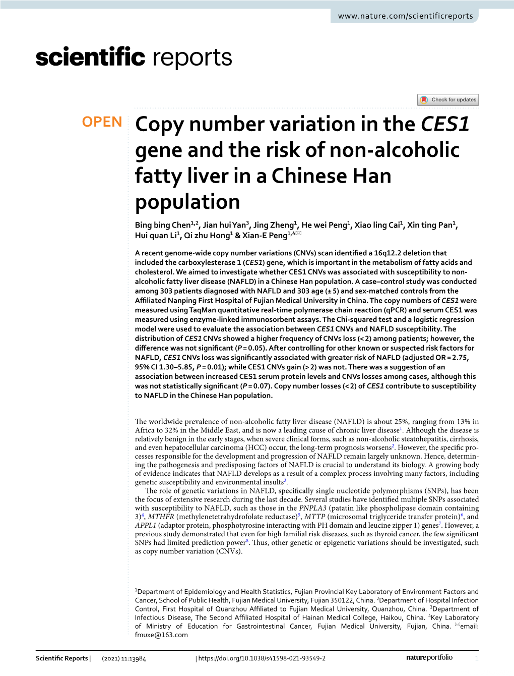 Copy Number Variation in the CES1 Gene and the Risk of Non-Alcoholic Fatty Liver in a Chinese Han Population