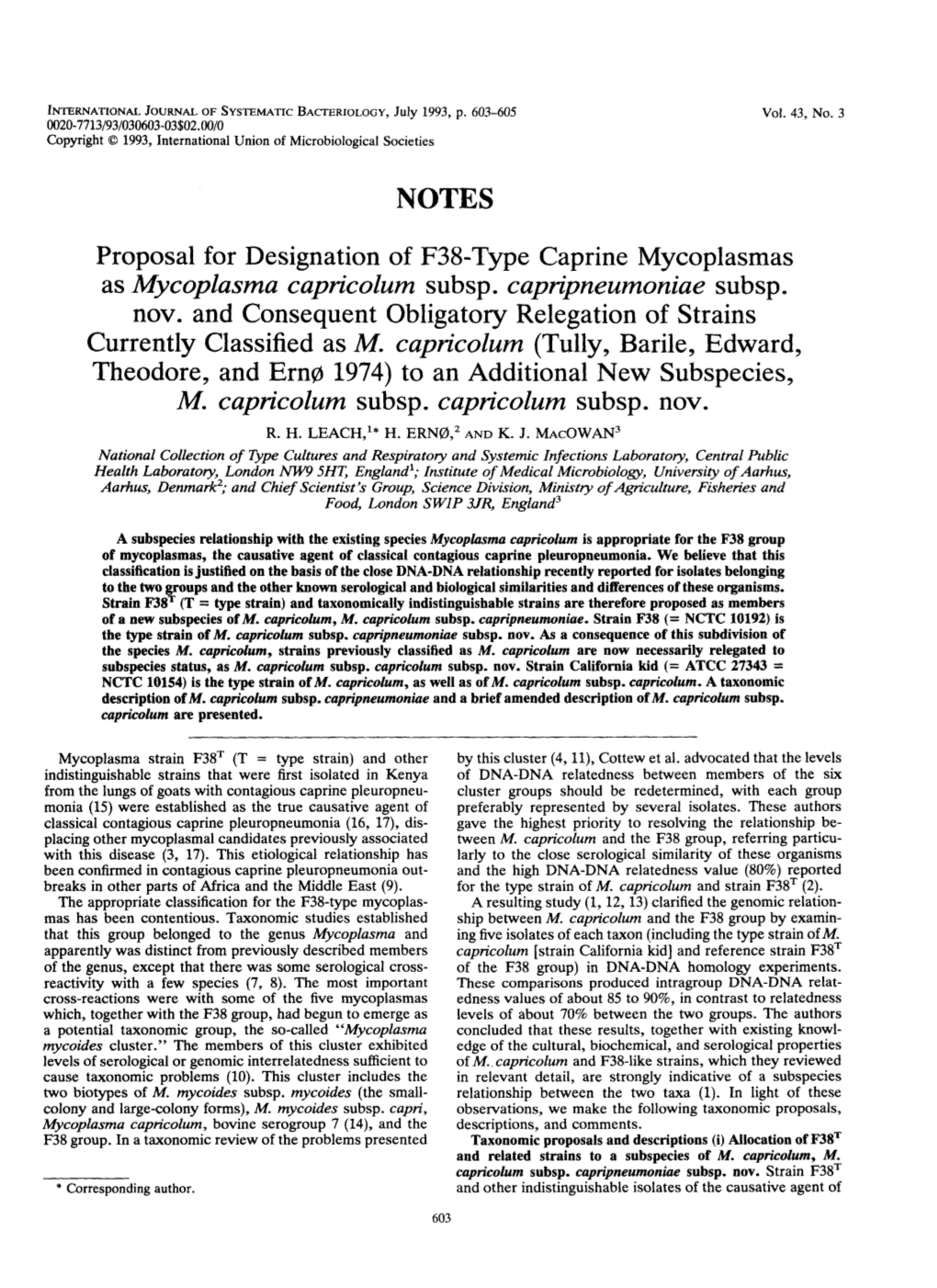 Proposal for Designation of F38-Type Caprine Mycoplasmas As Mycoplasma Capricolum Subsp