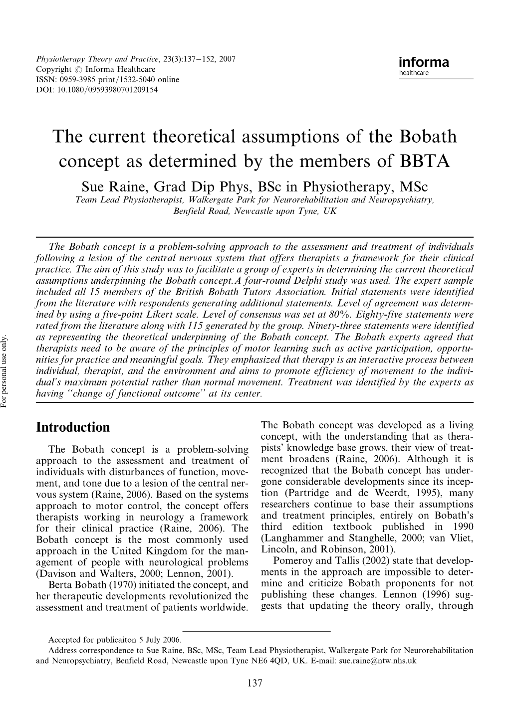 The Current Theoretical Assumptions of the Bobath Concept As Determined