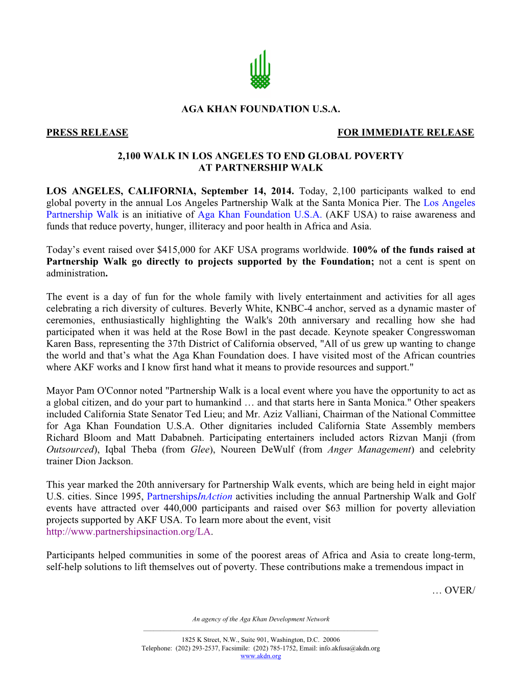 Aga Khan Foundation U.S.A. Press Release for Immediate Release 2,100 Walk in Los Angeles to End Global Poverty at Partnership
