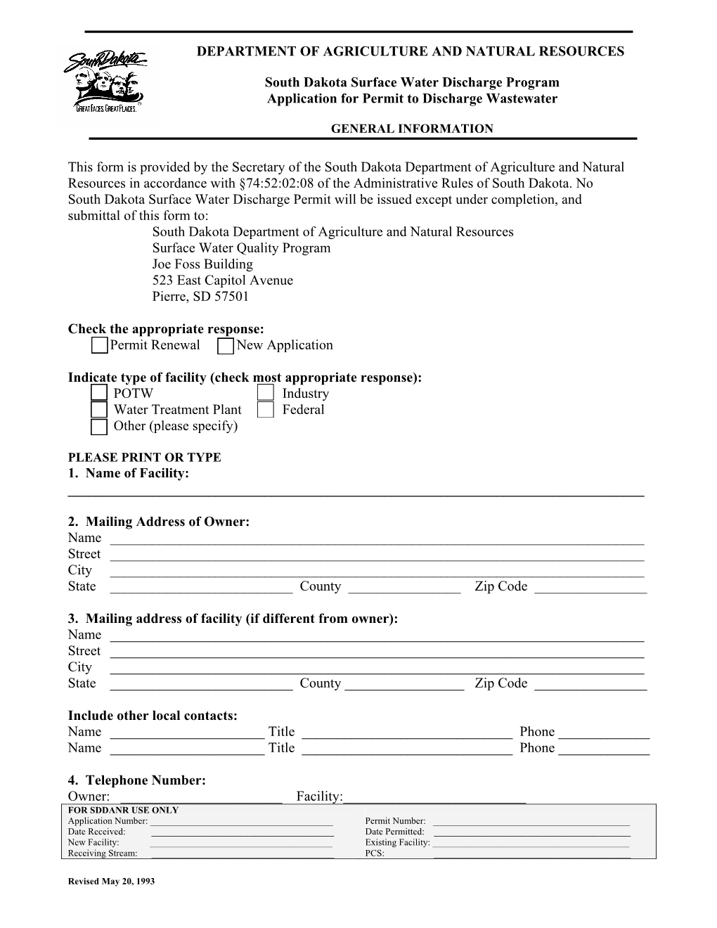 Application Form for Obtaining a Permit to Discharge Industrial Process