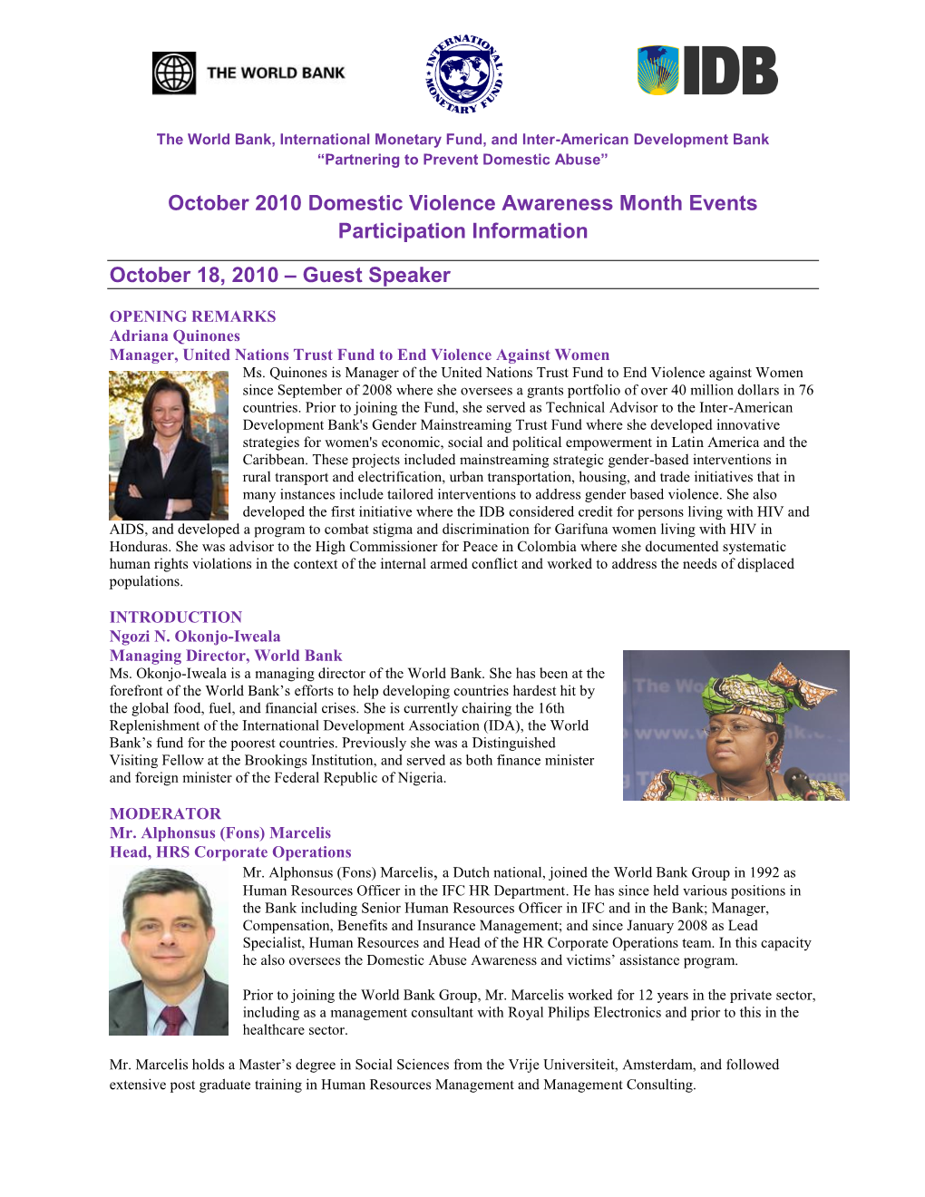 October 2010 Domestic Violence Awareness Month Events Participation Information