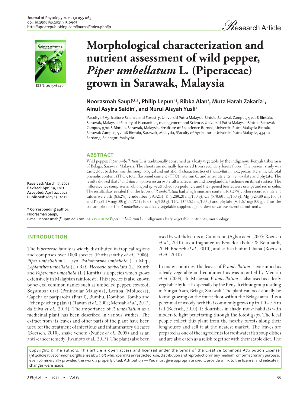 Morphological Characterization and Nutrient Assessment of Wild Pepper, Piper Umbellatum L. (Piperaceae) Grown in Sarawak, Malays