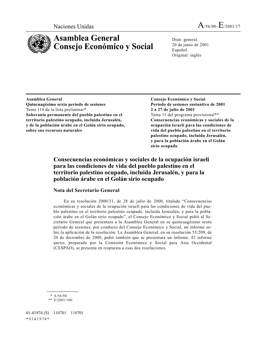 A/56/90–E/2001/17 Asamblea General Consejo Económico Y Social