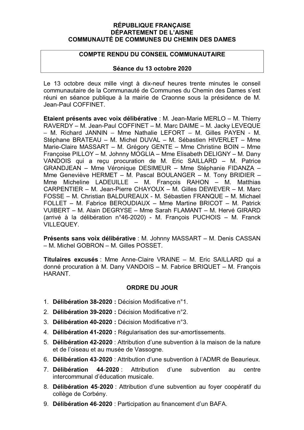 République Française Département De L'aisne Communauté De Communes Du Chemin Des Dames Compte Rendu Du Conseil Communautai