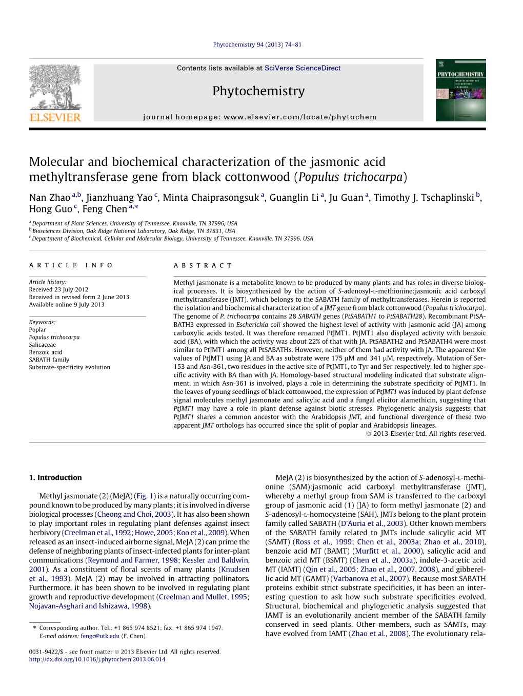 Molecular and Biochemical Characterization of the Jasmonic Acid Methyltransferase Gene from Black Cottonwood (Populus Trichocarpa)