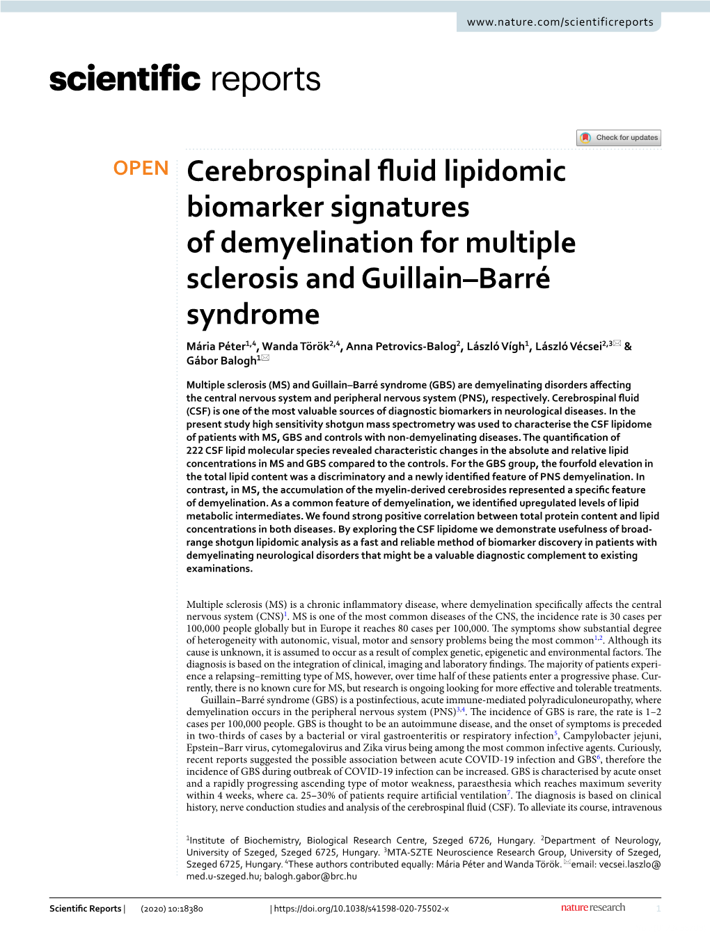 Cerebrospinal Fluid Lipidomic Biomarker Signatures Of