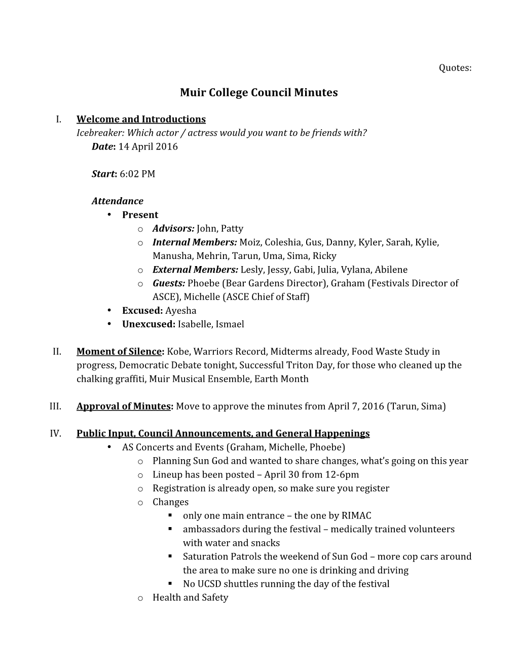 Muir College Council Minutes