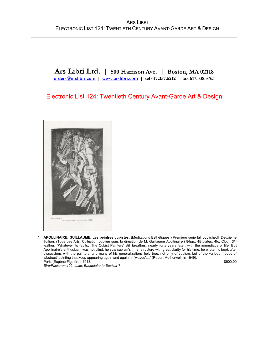 Boston, MA 02118 Electronic List 124: Twentieth Century Avant-Garde Art