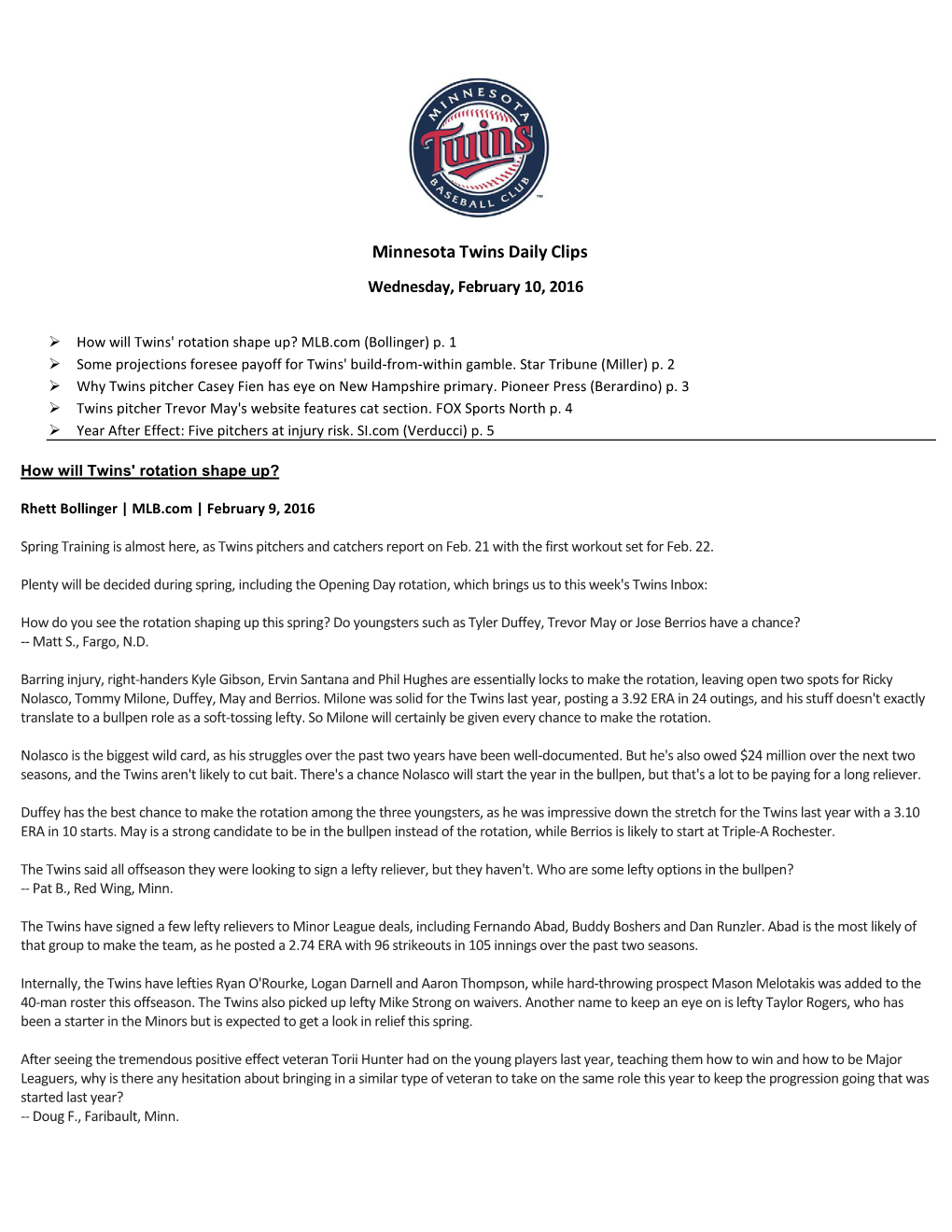 Minnesota Twins Daily Clips Wednesday, February 10, 2016