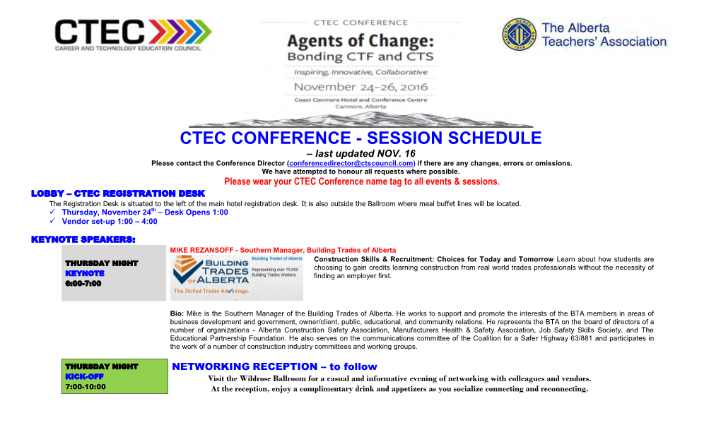 CTEC CONFERENCE - SESSION SCHEDULE – Last Updated NOV