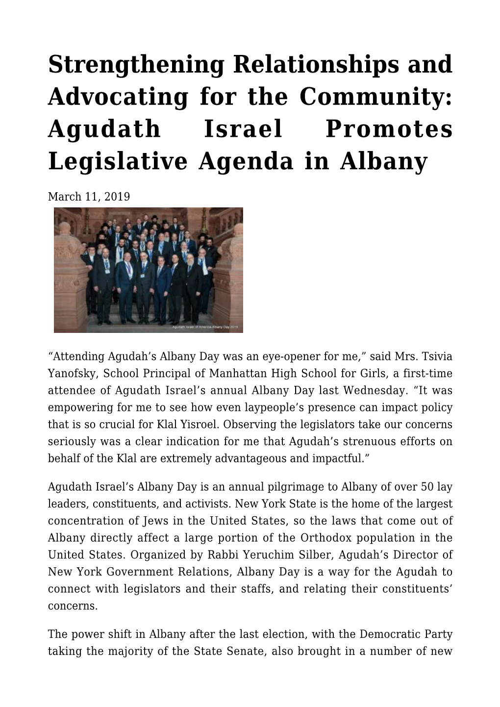Strengthening Relationships and Advocating for the Community: Agudath Israel Promotes Legislative Agenda in Albany