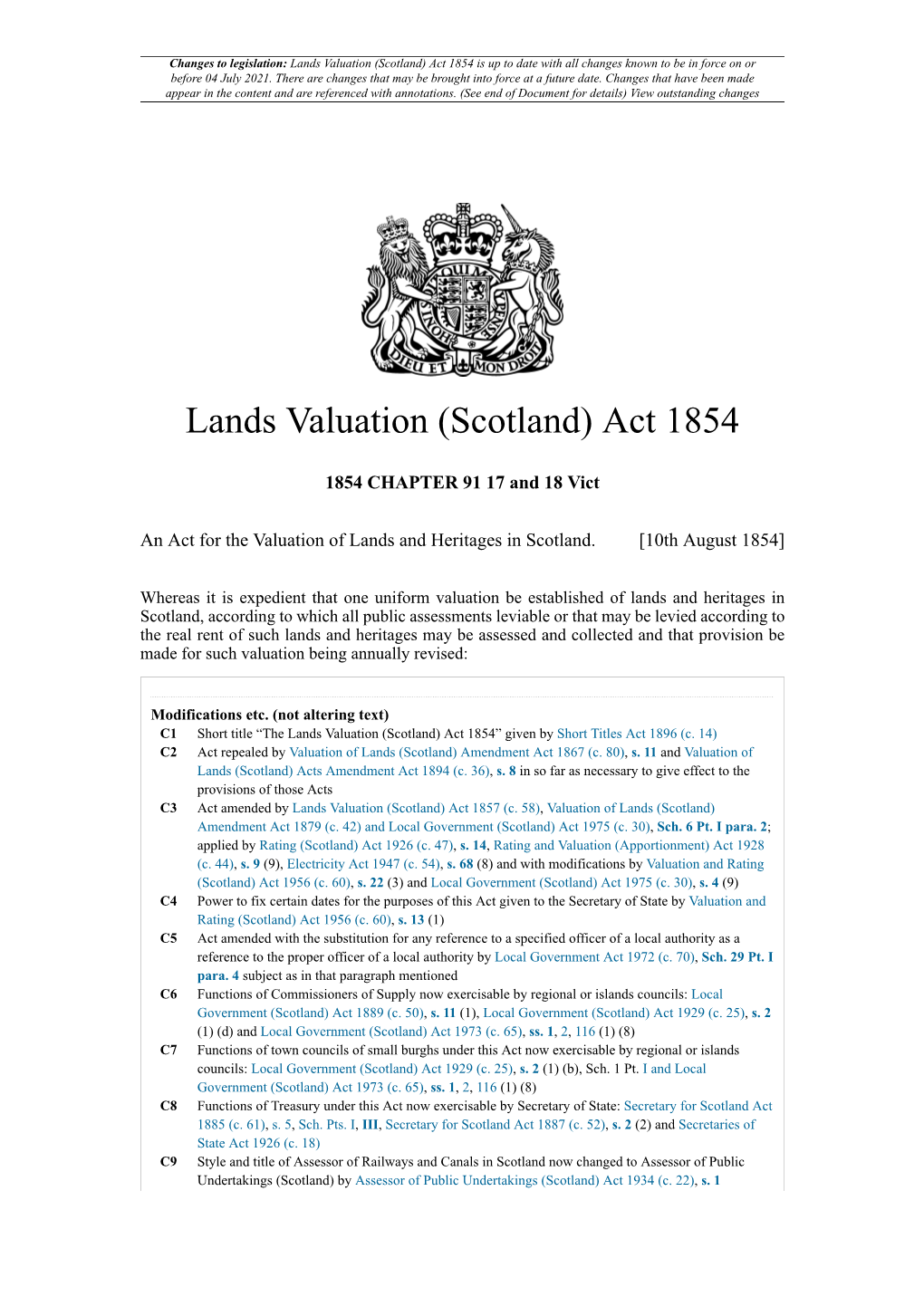 Lands Valuation (Scotland) Act 1854 Is up to Date with All Changes Known to Be in Force on Or Before 04 July 2021