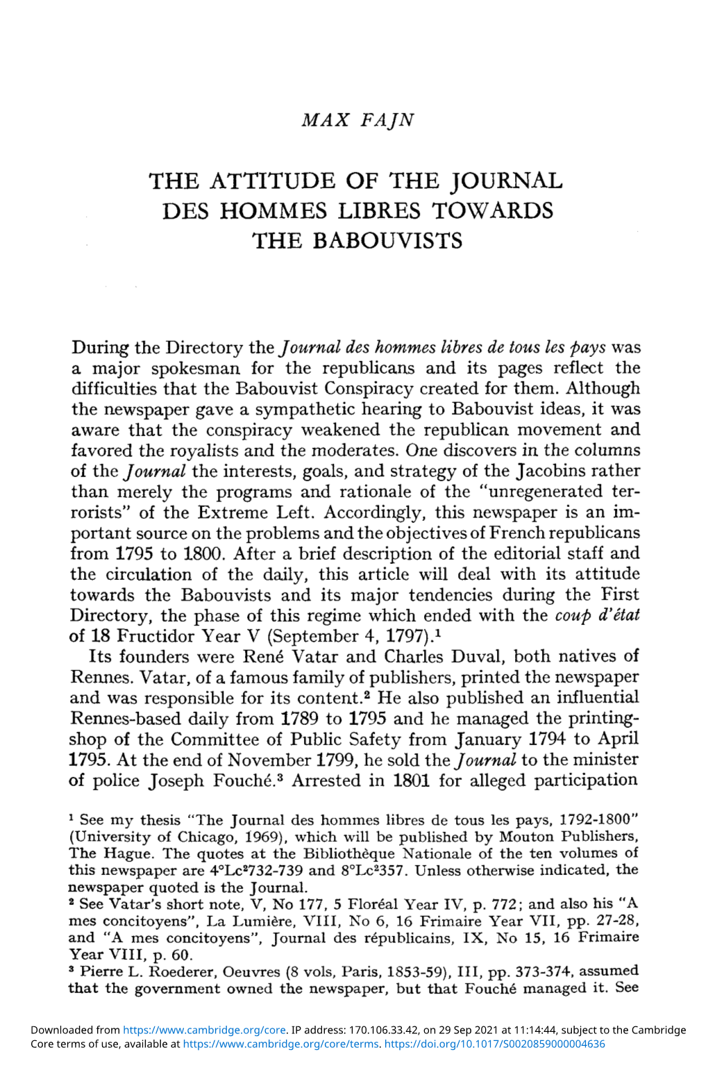 The Attitude of the Journal Des Hommes Libres Towards the Babouvists