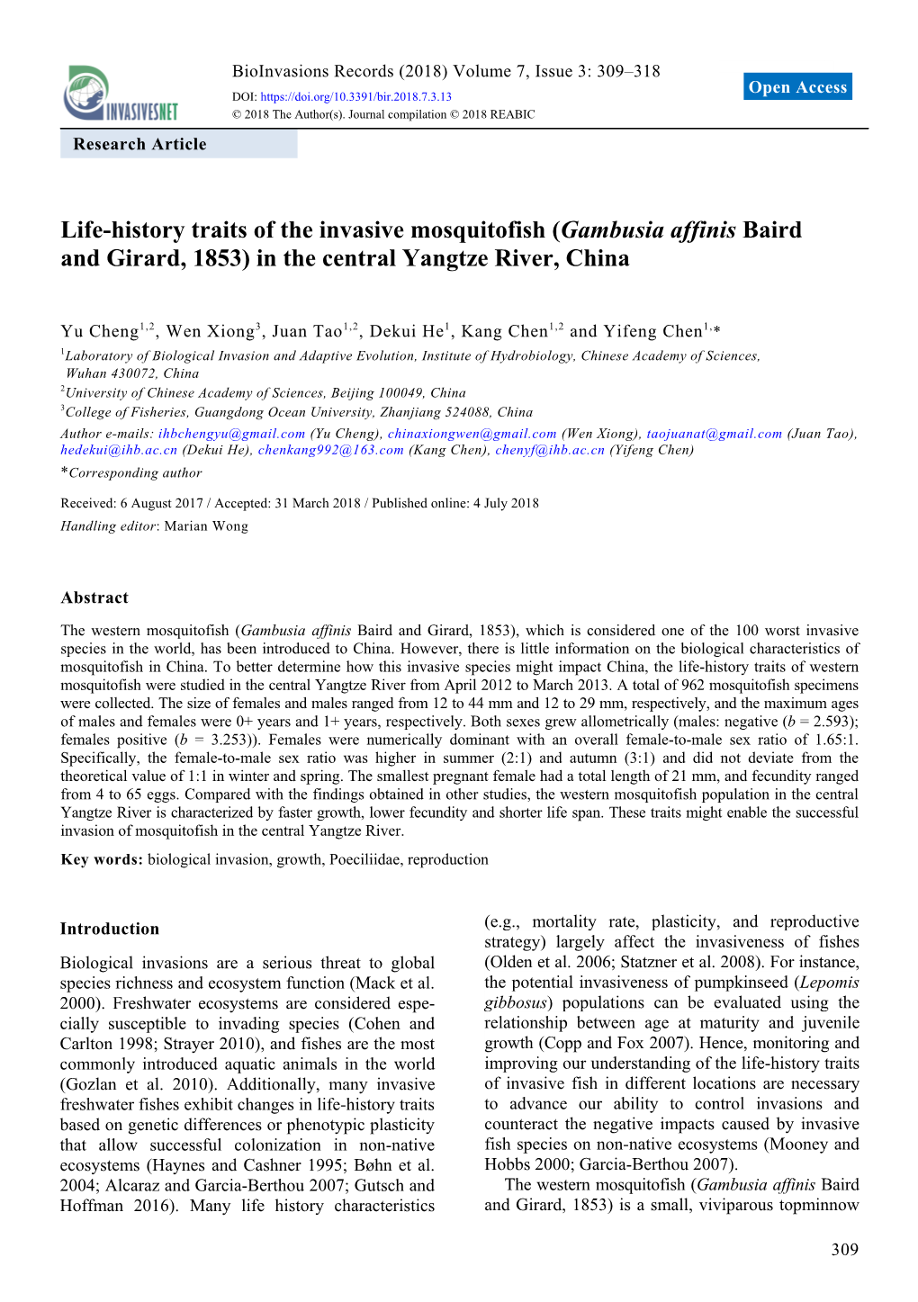 Life-History Traits of the Invasive Mosquitofish (Gambusia Affinis Baird and Girard, 1853) in the Central Yangtze River, China