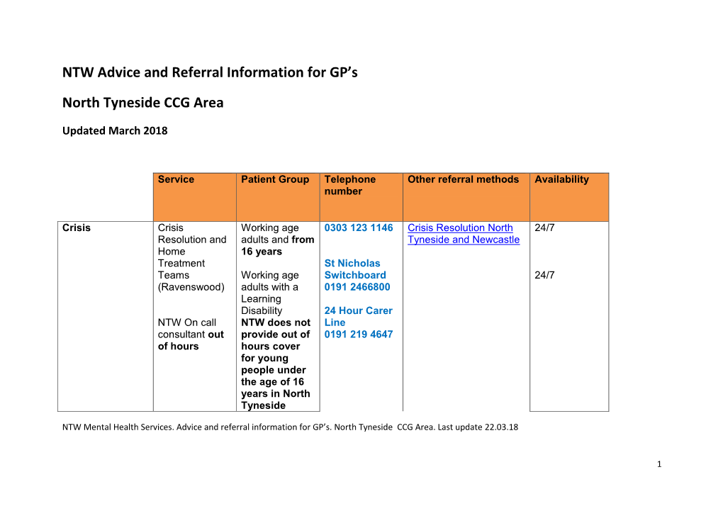 NTW Advice and Referral Information for GP's North Tyneside CCG Area
