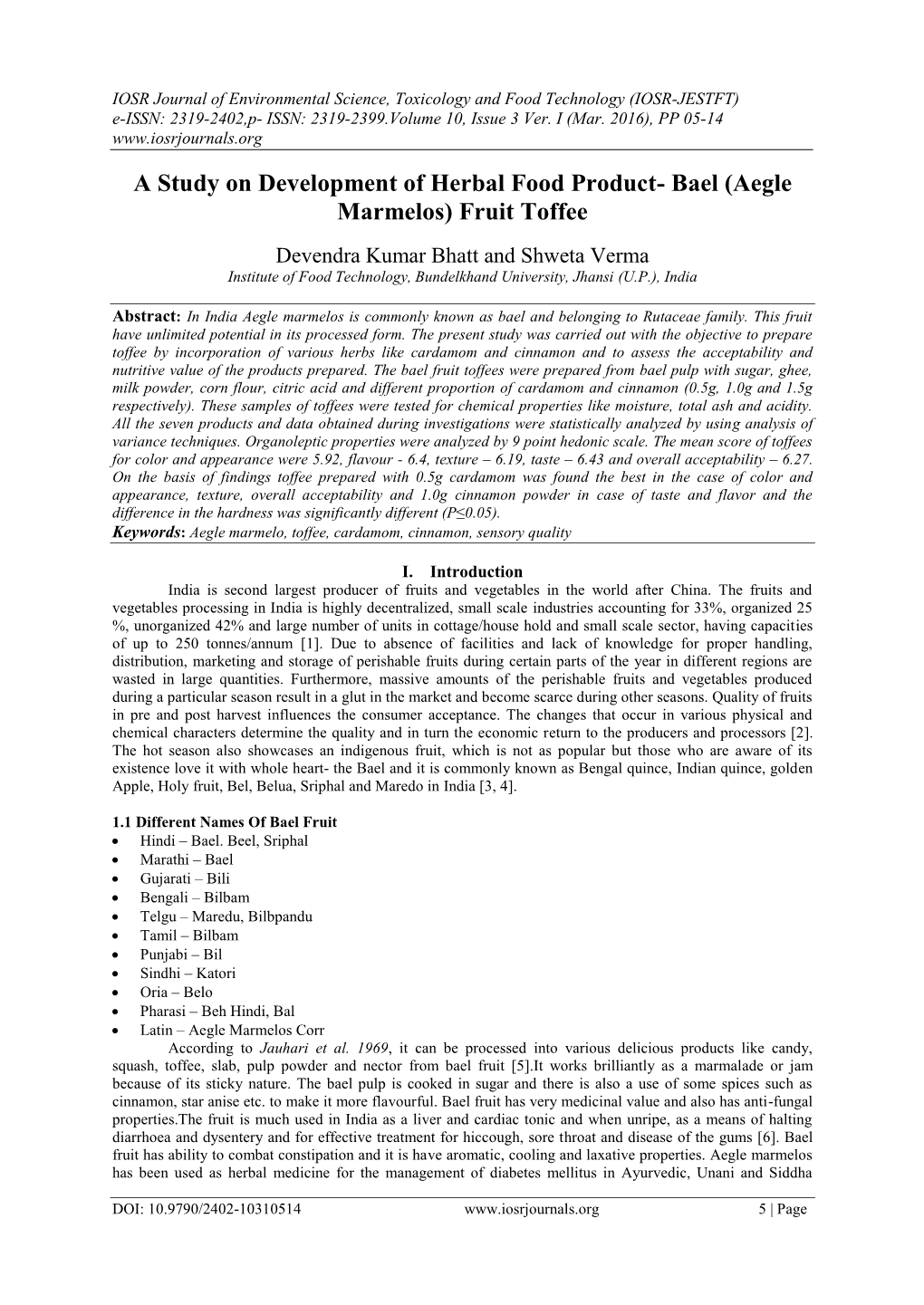 A Study on Development of Herbal Food Product- Bael (Aegle Marmelos) Fruit Toffee