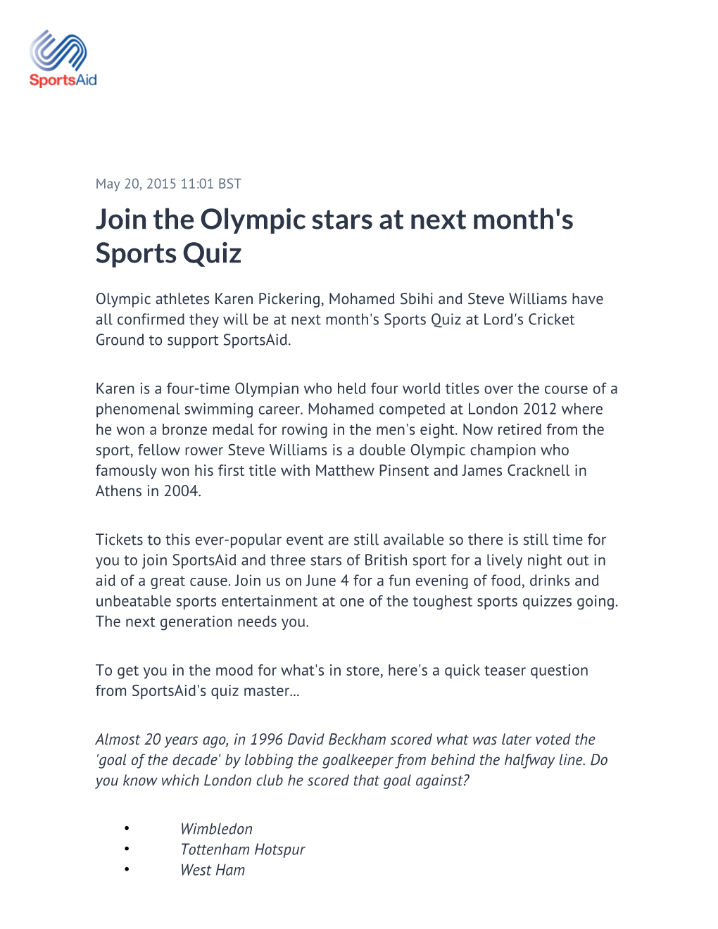 Join the Olympic Stars at Next Month's Sports Quiz