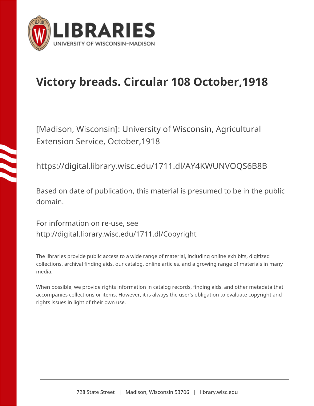 Victory Breads. Circular 108 October,1918