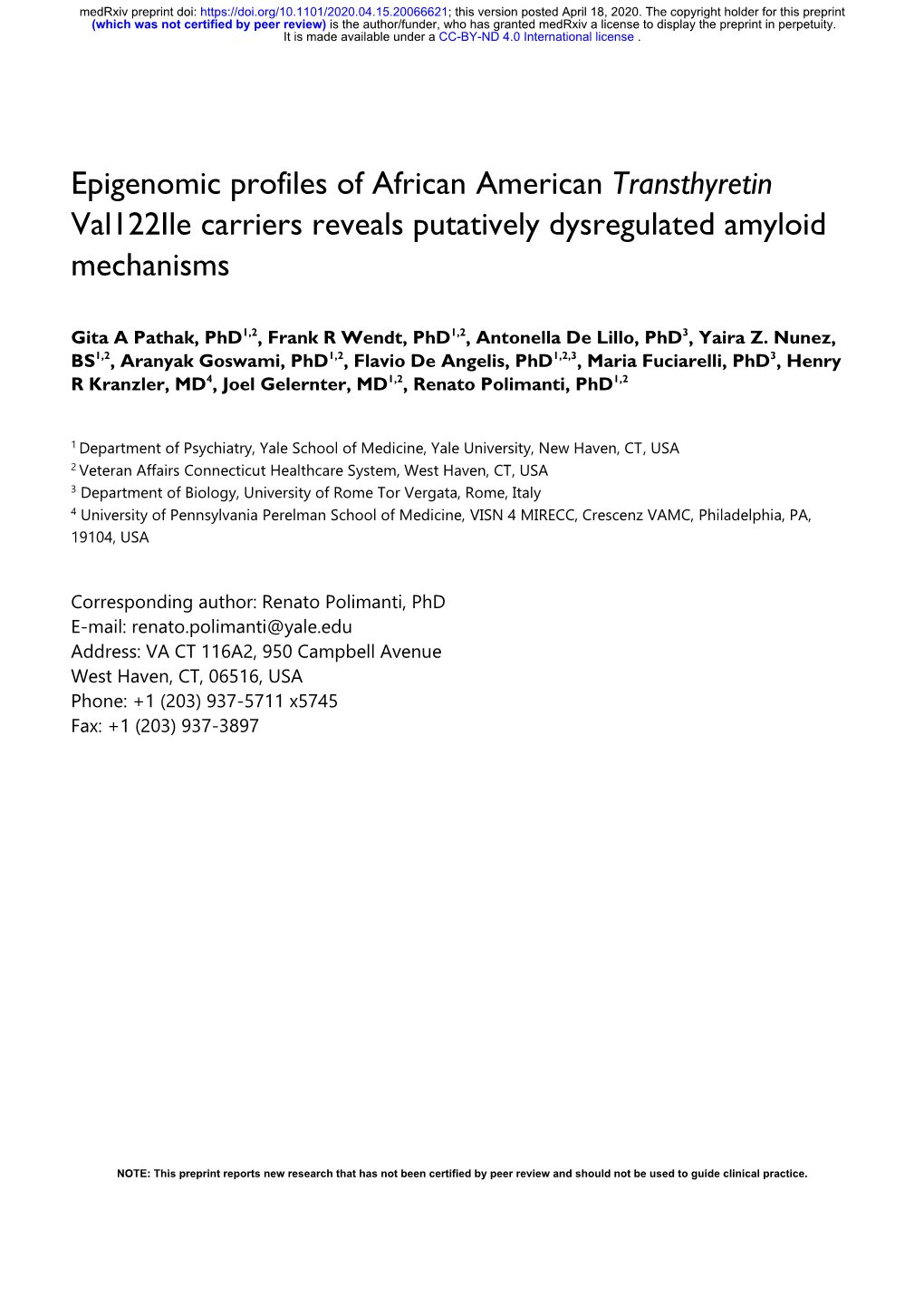 Epigenomic Profiles of African American Transthyretin Val122ile Carriers Reveals Putatively Dysregulated Amyloid Mechanisms