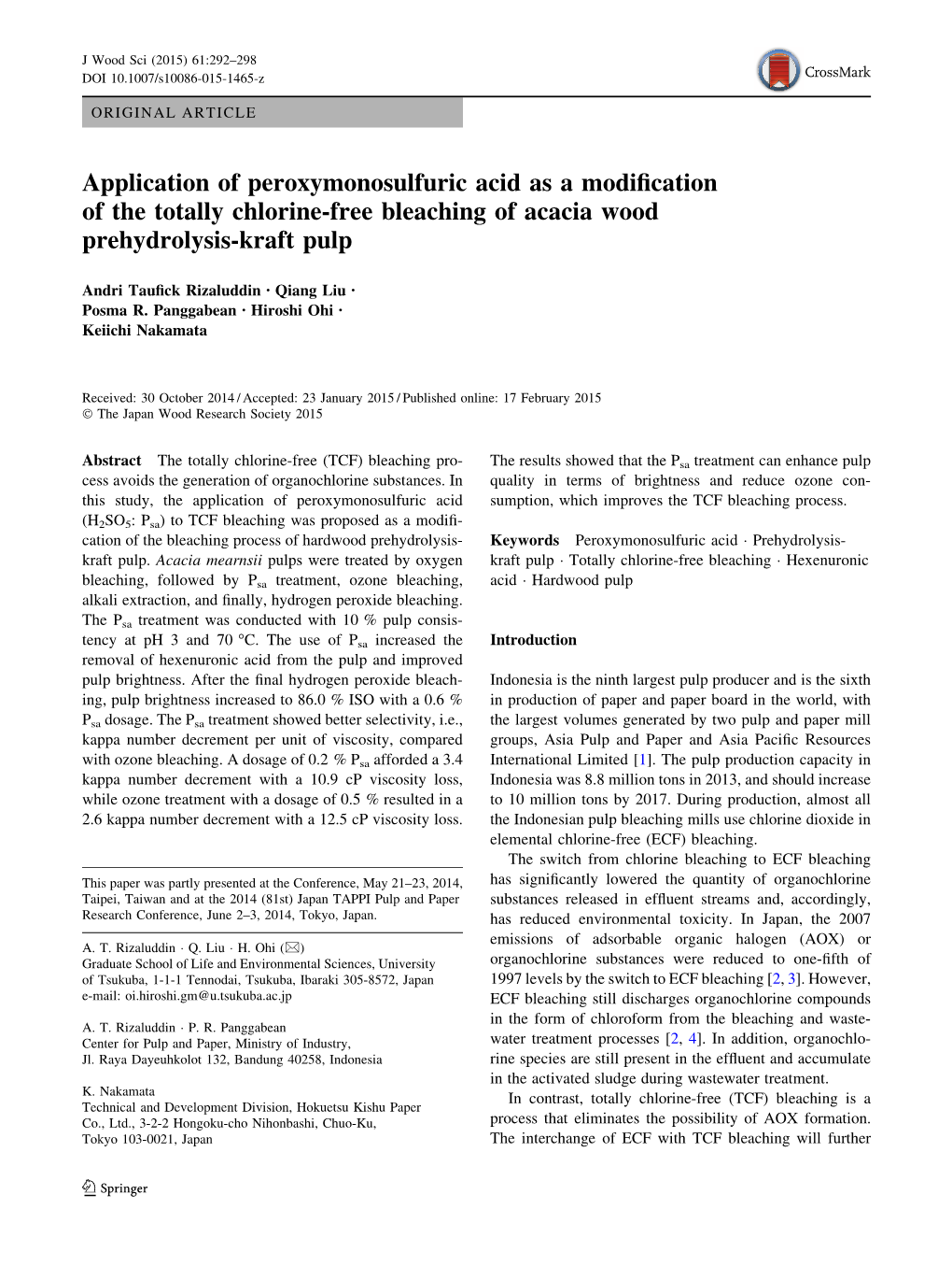 Application of Peroxymonosulfuric Acid As a Modification of the Totally Chlorine-Free Bleaching of Acacia Wood Prehydrolysis-Kra