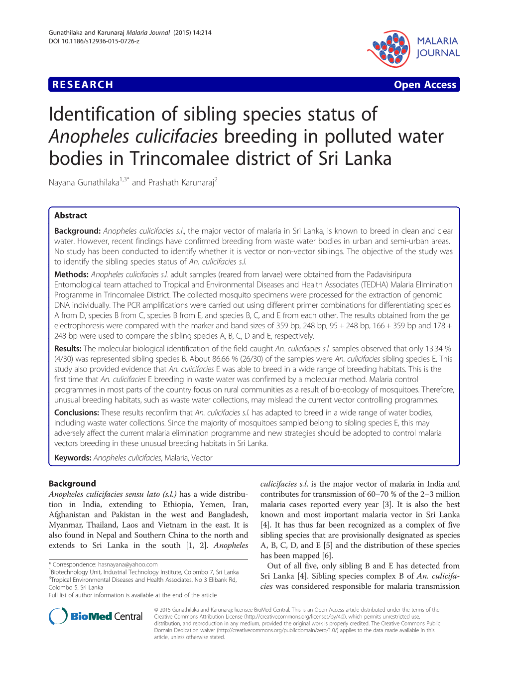 Identification of Sibling Species Status of Anopheles Culicifacies Breeding