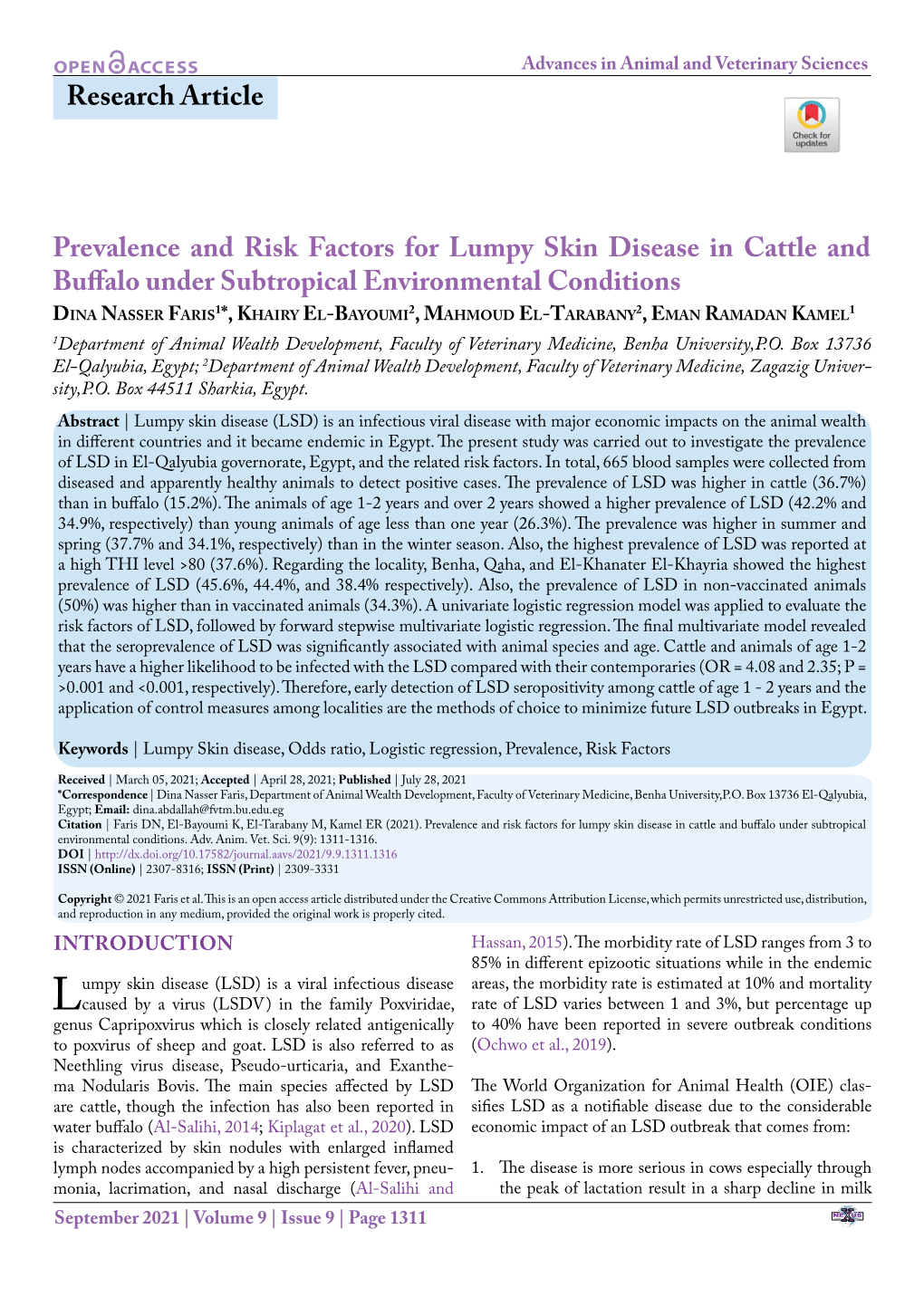 Prevalence and Risk Factors for Lumpy Skin Disease in Cattle And